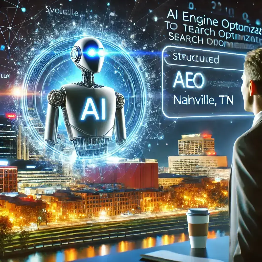 picture of AI Engine Optimization (AEO) Nashville, TN with a robot in the center